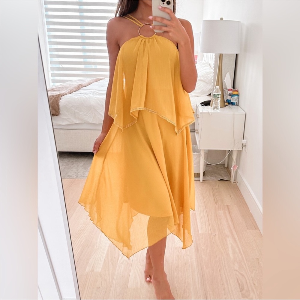 ASOS Yellow Flowy Midi Dress with Double Layer and Halter Ring Detail